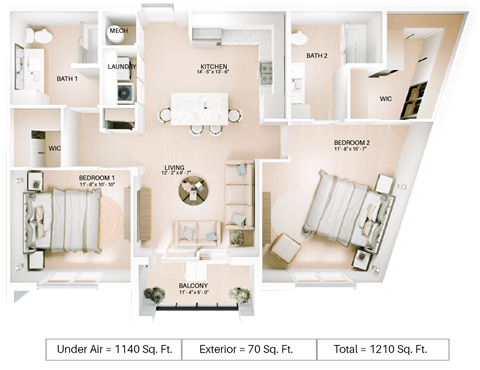 Floor plan for 2 beds, 2 baths, 1140 sqft